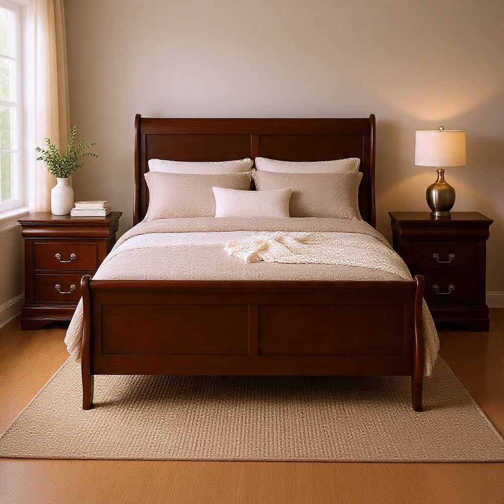 Queen Bedroom Set, Cherry Brown, Bronze Wood, 3 Piece Set with 2 Nightstands