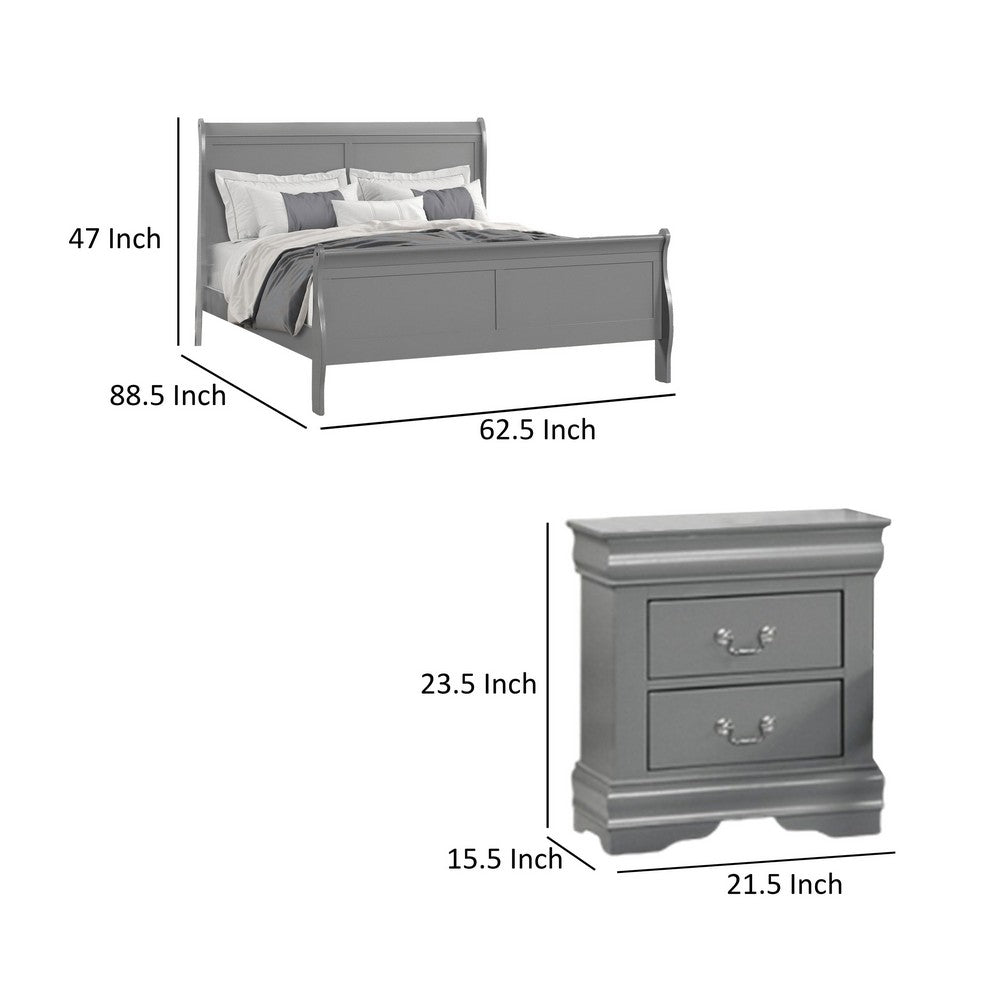 Queen Bedroom Set, Gray, Nickel Wood, 2 Piece Set with Nightstand