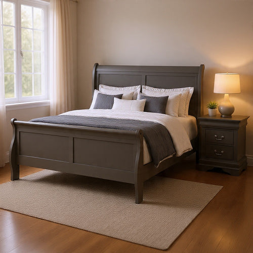 Queen Bedroom Set, Gray, Nickel Wood, 2 Piece Set with Nightstand