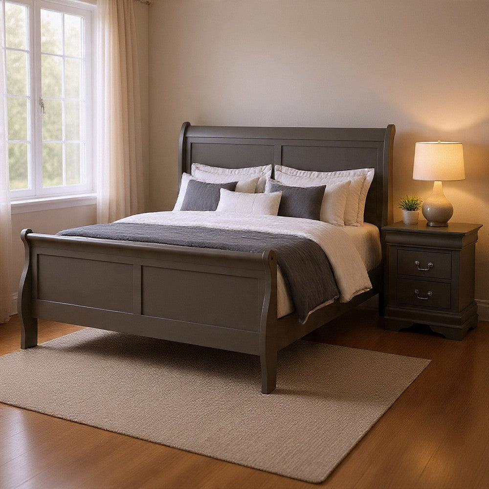 Queen Bedroom Set, Gray, Nickel Wood, 2 Piece Set with Nightstand