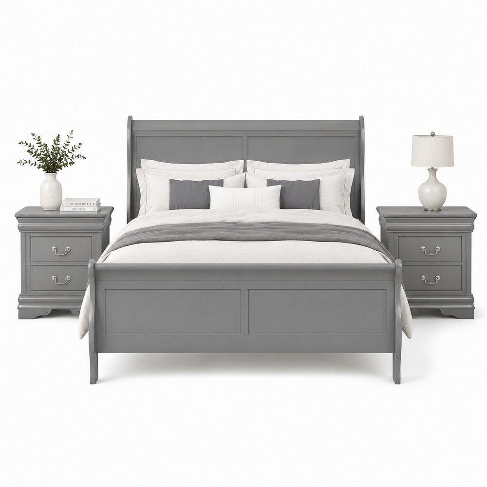 Queen Bedroom Set, Gray, Nickel Wood, 3 Piece Set with 2 Nightstands