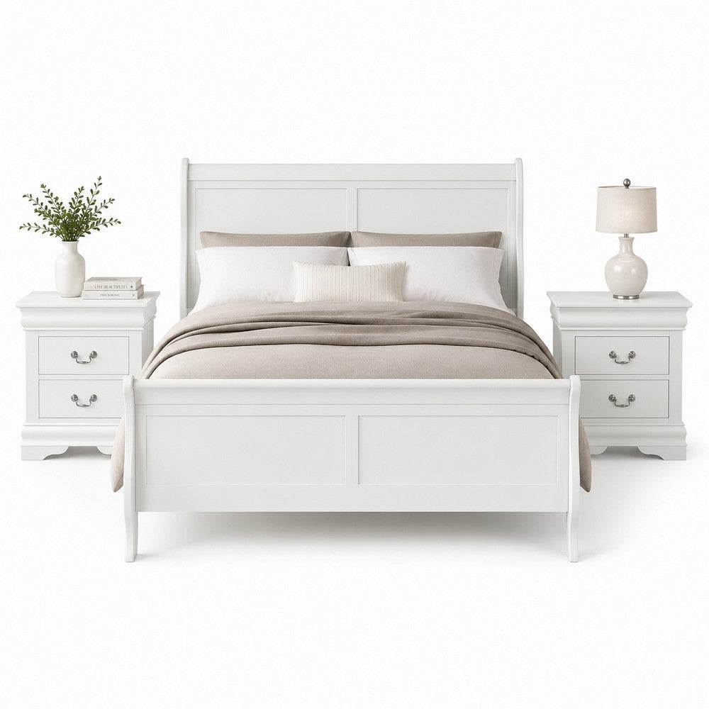 Queen Bedroom Set, White, Nickel Wood, 3 Piece Set with 2 Nightstands