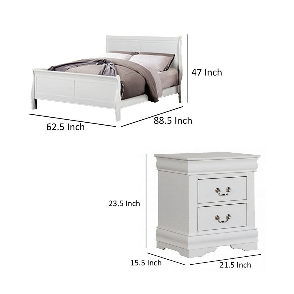 Queen Bedroom Set, White, Nickel Wood, 3 Piece Set with 2 Nightstands