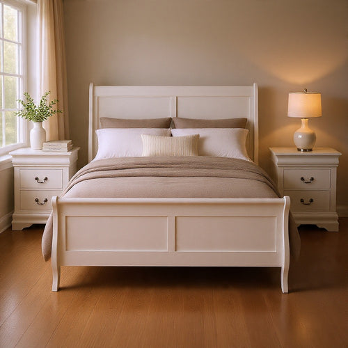 Queen Bedroom Set, White, Nickel Wood, 3 Piece Set with 2 Nightstands