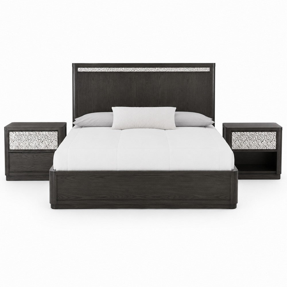 Queen Bedroom Set, Ash Gray, Chrome Wood, 3 Piece Set with 2 Nightstands