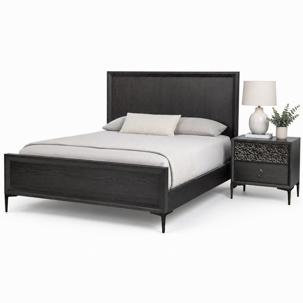 Queen Bedroom Set, Espresso Brown, Silver, Black Wood, 2 Piece Set with Nightstand