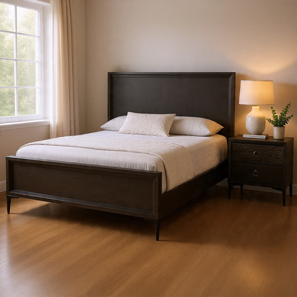 Queen Bedroom Set, Espresso Brown, Silver, Black Wood, 2 Piece Set with Nightstand