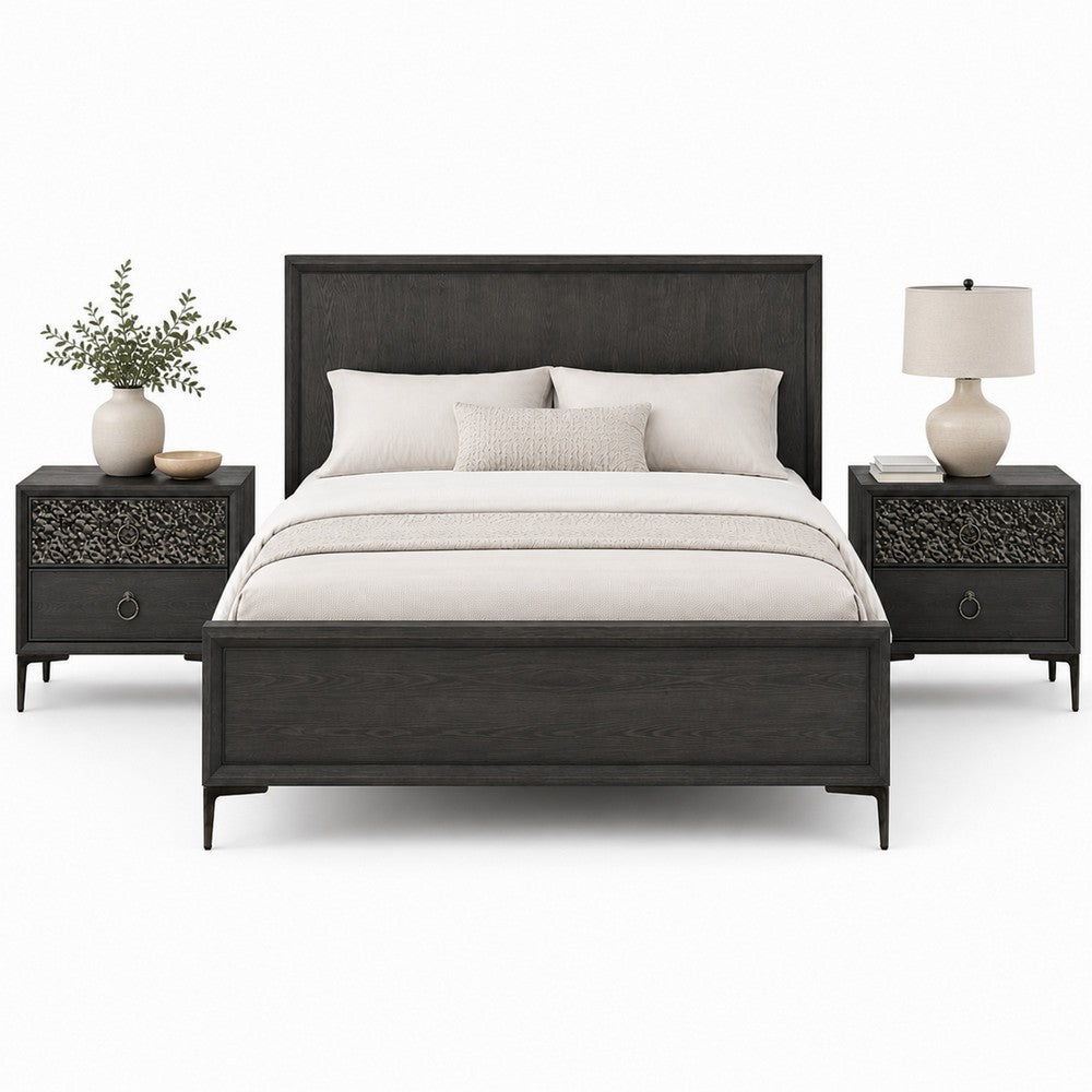 Queen Bedroom Set, Espresso Brown, Silver, Black Wood, 3 Piece Set with 2 Nightstands