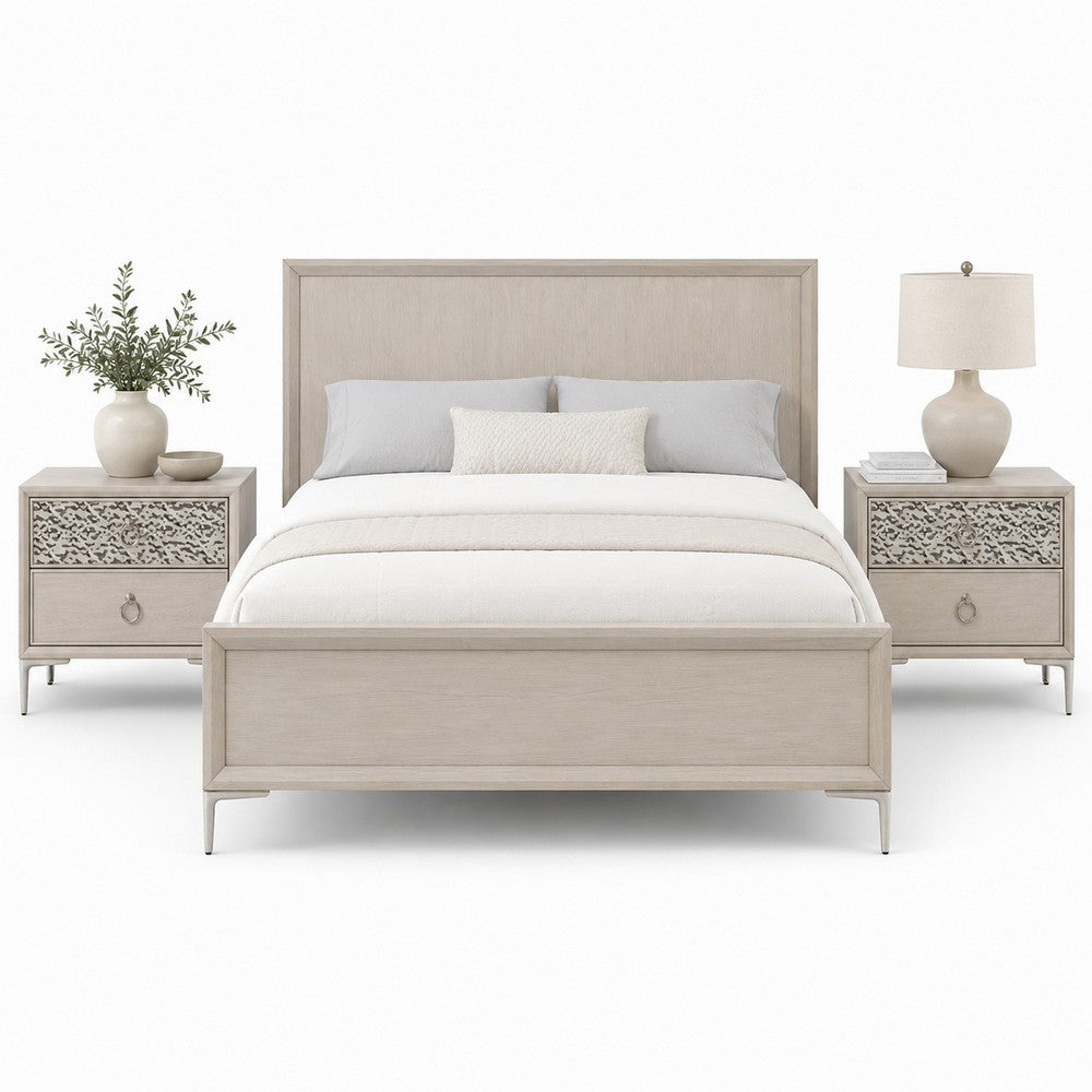 Queen Bedroom Set, Natural Oak Brown, Silver, Champagne Wood, 3 Piece Set with 2 Nightstands