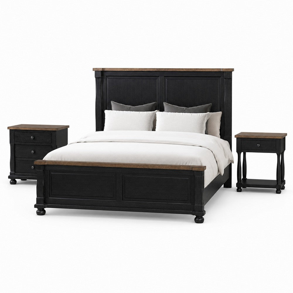 Queen Bedroom Set, Black, Oak Brown, Pewter Wood, 3 Piece Set with 2 Nightstands