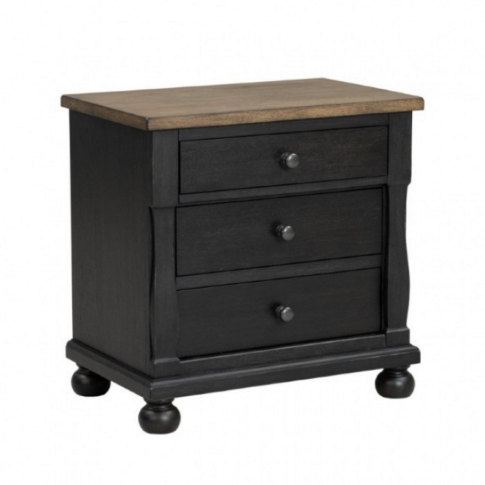 Queen Bedroom Set, Black, Oak Brown, Pewter Wood, 3 Piece Set with 2 Nightstands