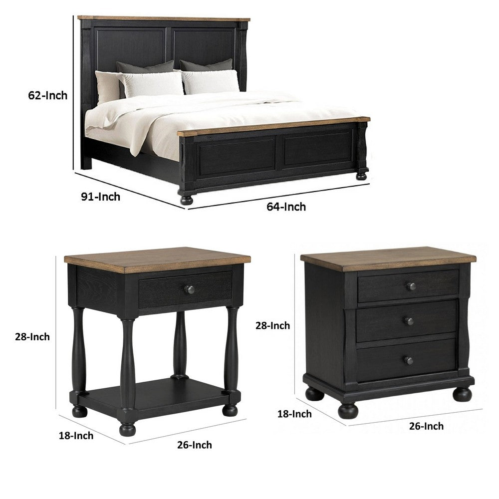 Queen Bedroom Set, Black, Oak Brown, Pewter Wood, 3 Piece Set with 2 Nightstands