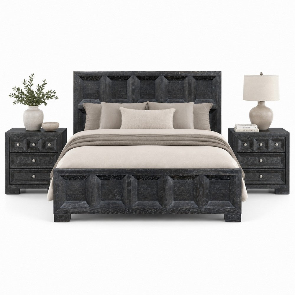 Queen Bedroom Set, Weathered Black Wood, 3 Piece Set with 2 Nightstands