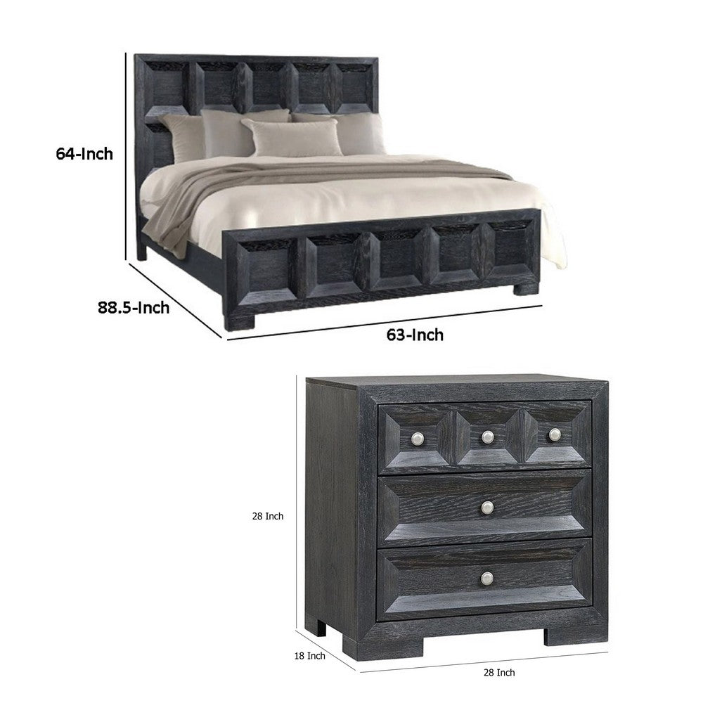 Queen Bedroom Set, Weathered Black Wood, 3 Piece Set with 2 Nightstands