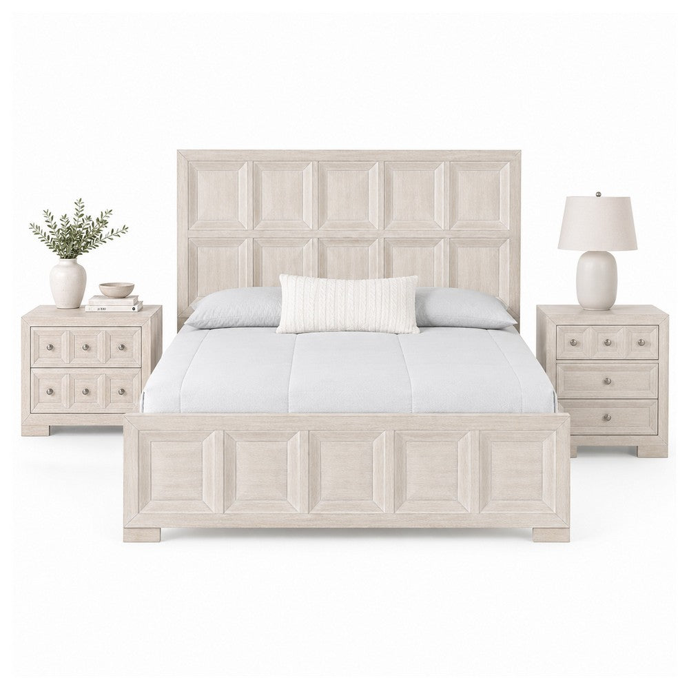 Queen Bedroom Set, Beige, Bronze Wood, 3 Piece Set with 2 Nightstands
