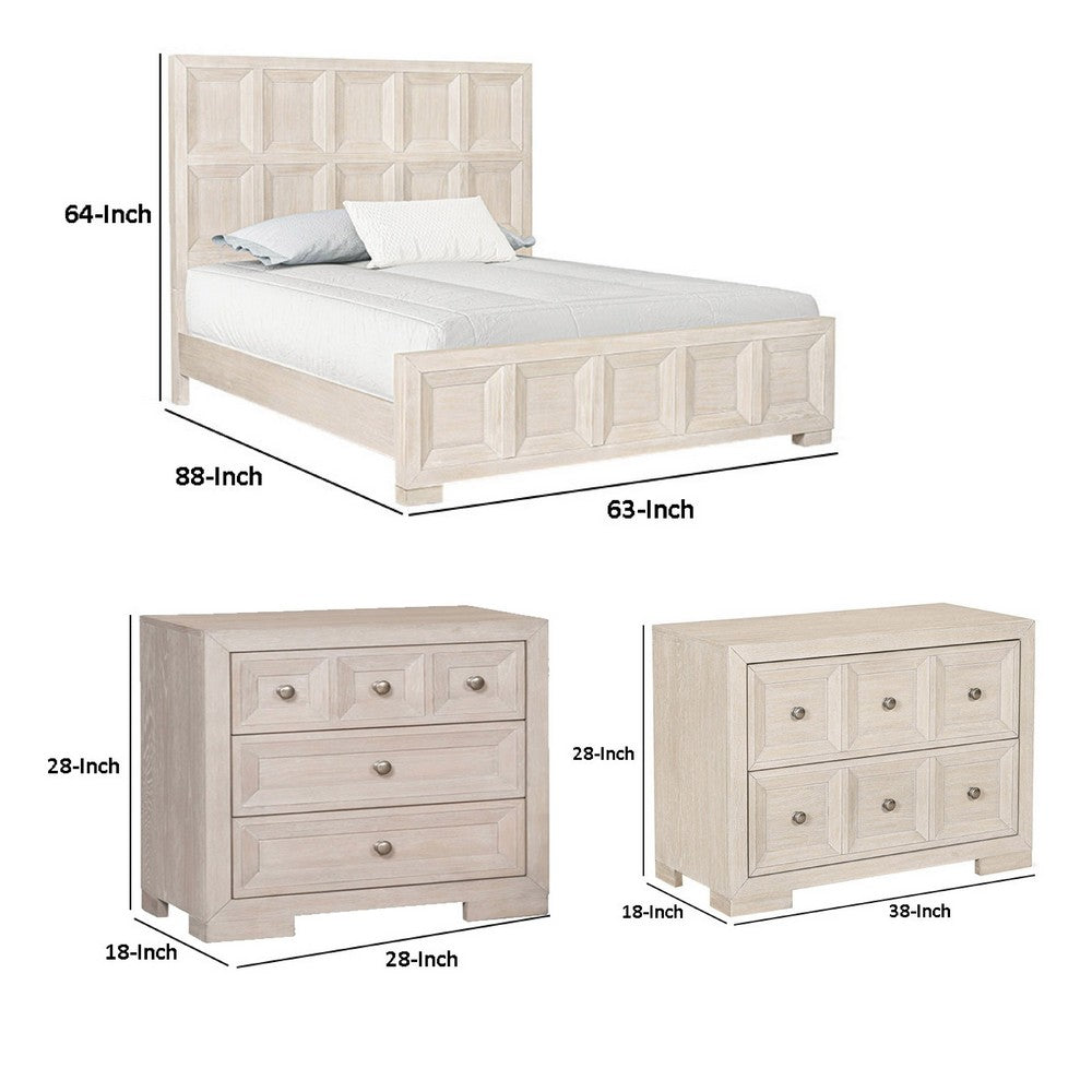 Queen Bedroom Set, Beige, Bronze Wood, 3 Piece Set with 2 Nightstands