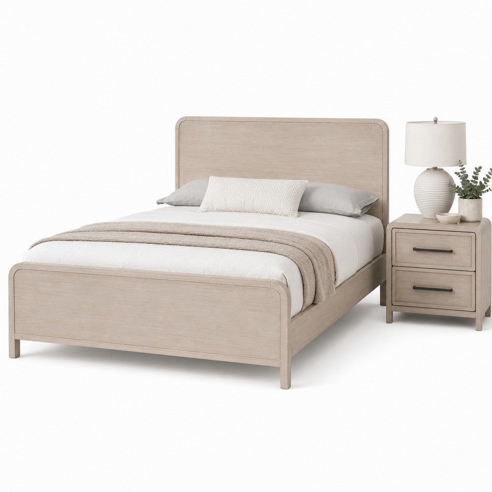 Queen Bedroom Set, Natural Oak Beige Brown Wood, 2 Piece Set with Nightstand