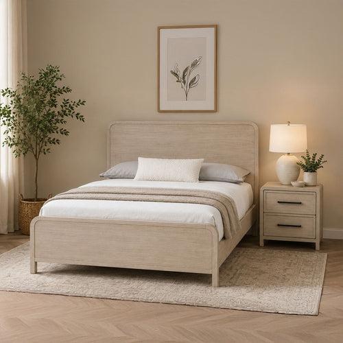 Queen Bedroom Set, Natural Oak Beige Brown Wood, 2 Piece Set with Nightstand