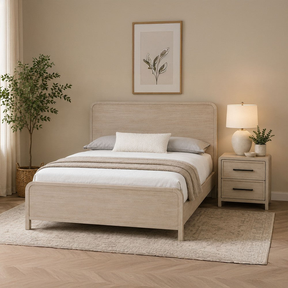 Queen Bedroom Set, Natural Oak Beige Brown Wood, 2 Piece Set with Nightstand