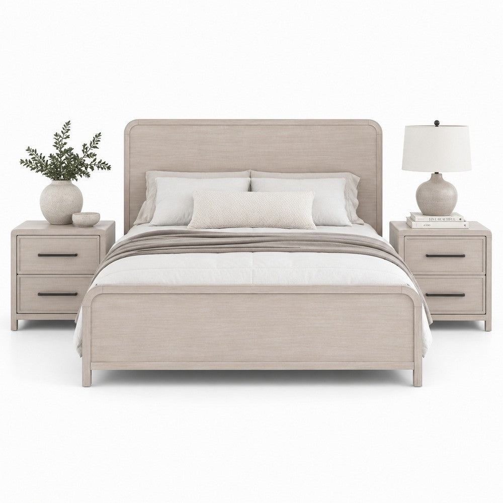 Queen Bedroom Set, Natural Oak Beige Brown Wood, 3 Piece Set with 2 Nightstands