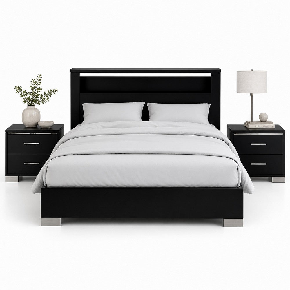 Queen Bedroom Set, Black, Chrome Wood, 3 Piece Set with 2 Nightstands