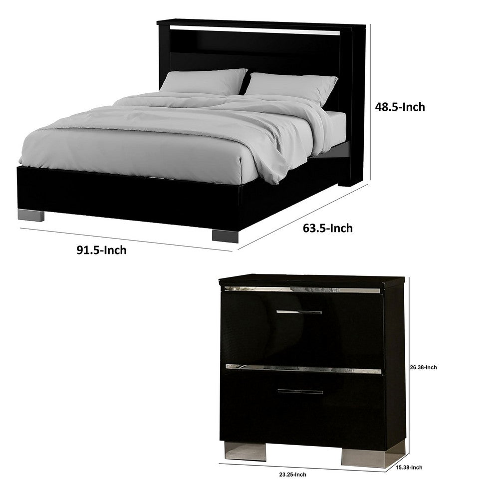 Queen Bedroom Set, Black, Chrome Wood, 3 Piece Set with 2 Nightstands