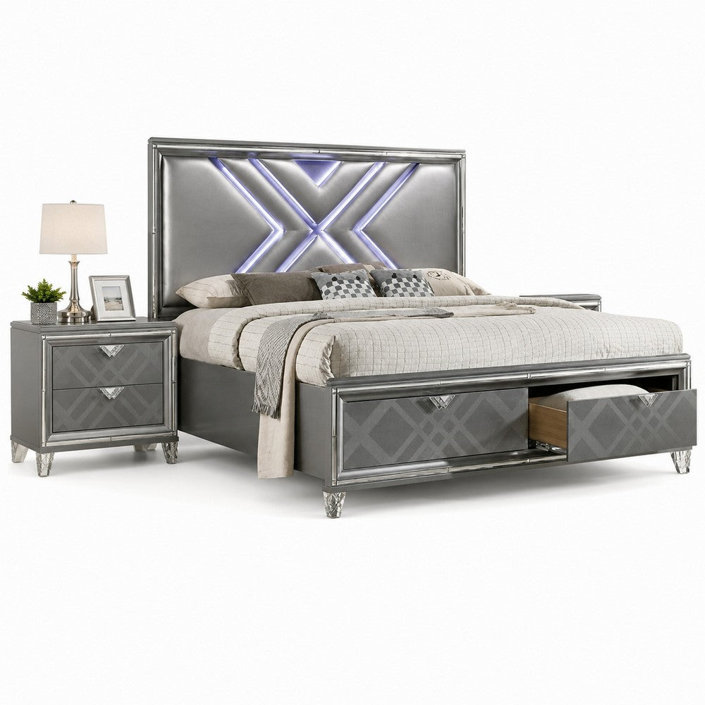 Queen Bedroom Set, Gray, Silver Wood, 2 Piece Set with Nightstand