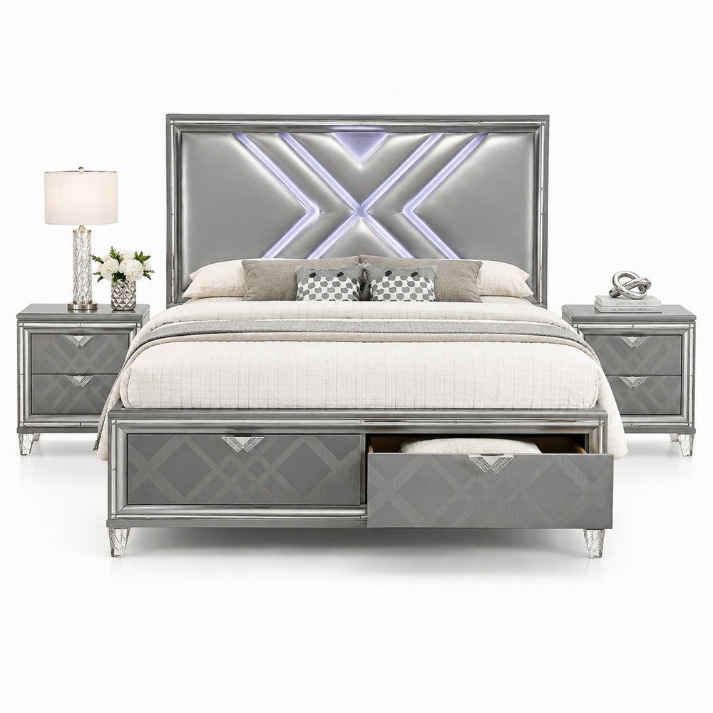 Queen Bedroom Set, Gray, Silver Wood, 3 Piece Set with 2 Nightstands