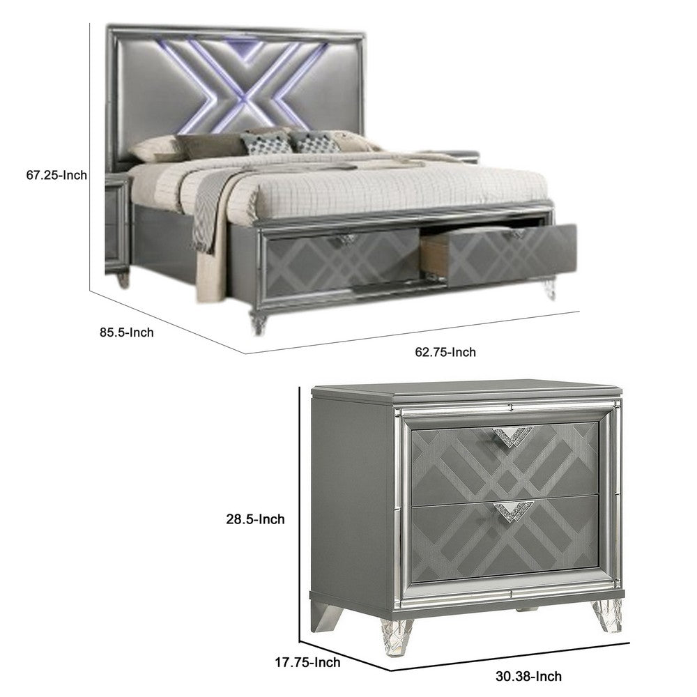 Queen Bedroom Set, Gray, Silver Wood, 3 Piece Set with 2 Nightstands
