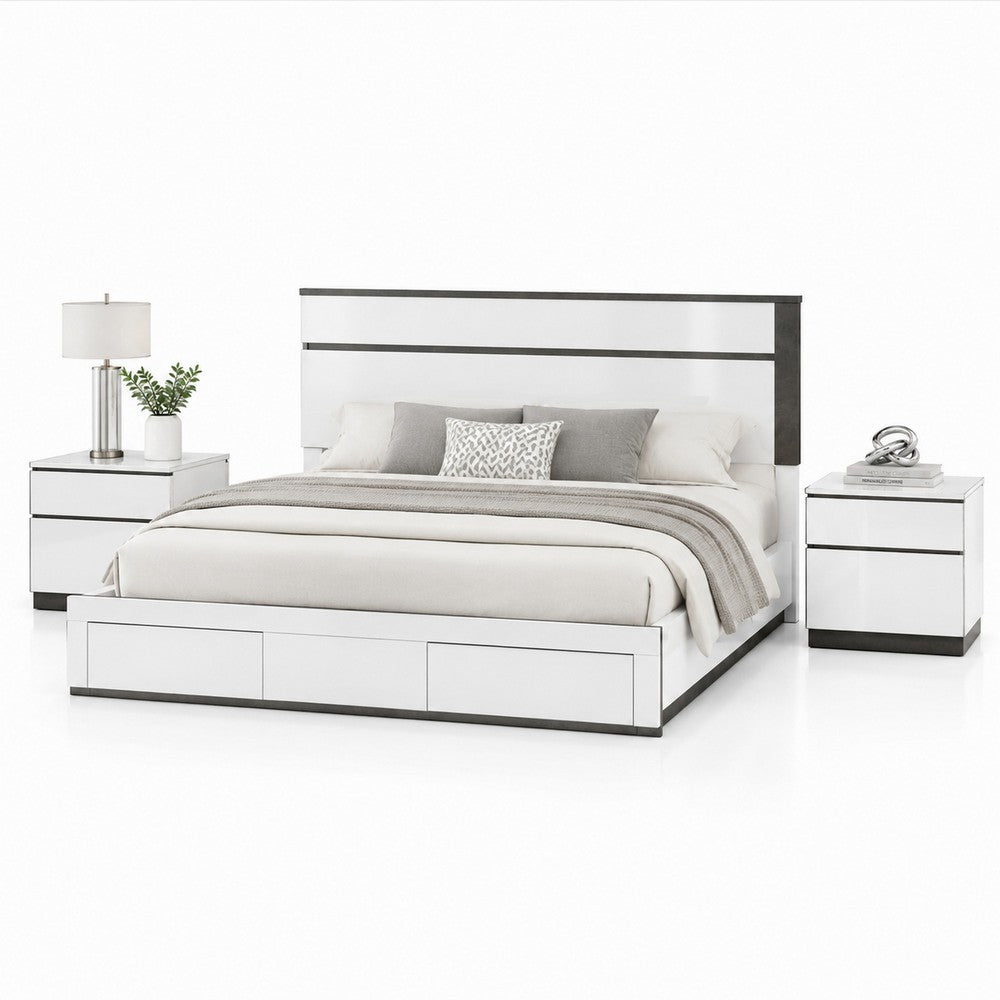 Queen Bedroom Set, White, Metallic Gray Wood, 3 Piece Set with 2 Nightstands
