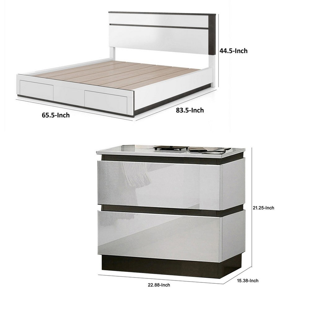 Queen Bedroom Set, White, Metallic Gray Wood, 3 Piece Set with 2 Nightstands