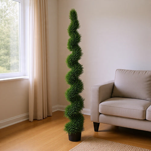 Javy Cypress Pine Tree | Spiral Topiary | White Planter | Green 83"