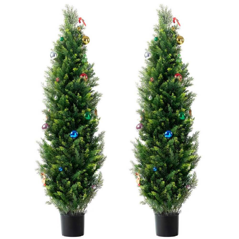 Tahya Cedar Topiary Tree | Set of 2 | Iron Frame | Green Poly Silk 60"