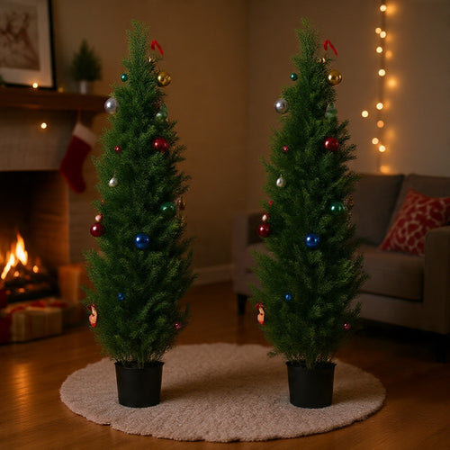 Tahya Cedar Topiary Tree | Set of 2 | Iron Frame | Green Poly Silk 60"
