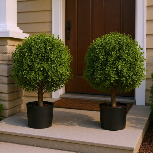 Yana Boxwood Topiary Tree with Pot | Set of 2 | Green Poly Silk 22"