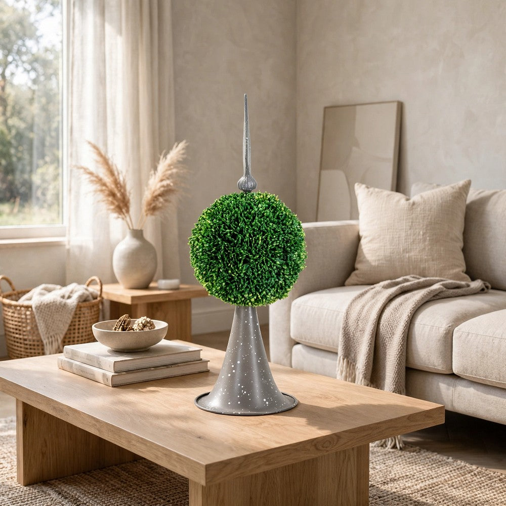 Beau Boxwood Topiary Sphere on Metal Spire Base | Green Poly Silk 17"