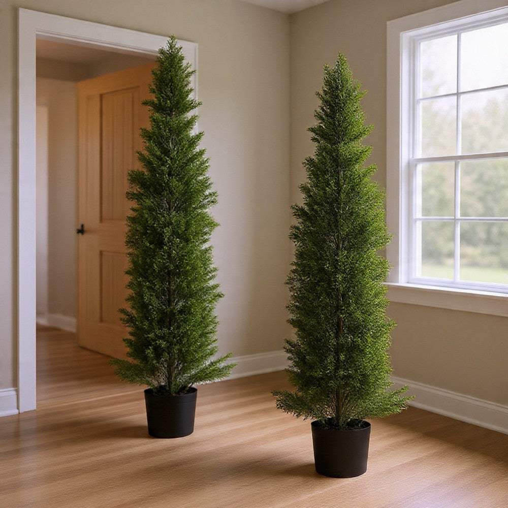 Arya Cedar Pine Topiary Tree | Set of 2 | Black Pot | Lifelike Poly Silk 60"