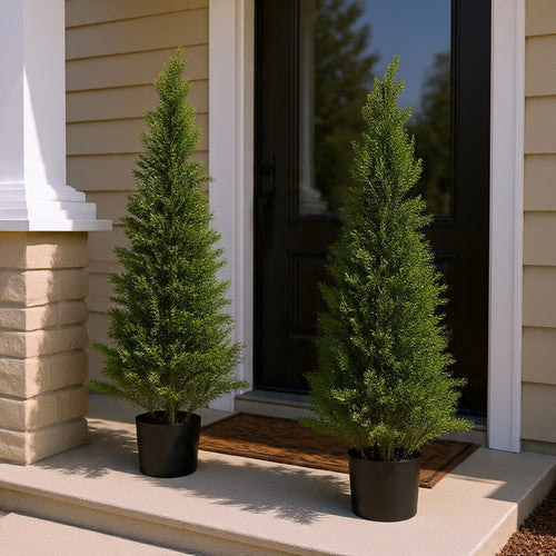 Arya Cedar Topiary Tree | Set of 2 | Black Pot | Lifelike Poly Silk 48"