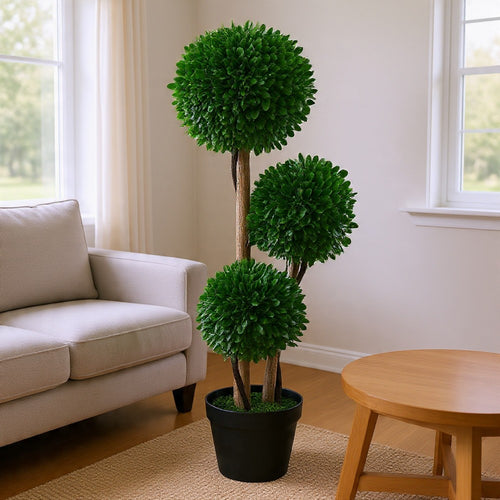 Farah Outdoor 3 Ball Boxwood Topiary Tree | Lifelike Poly Silk 36"