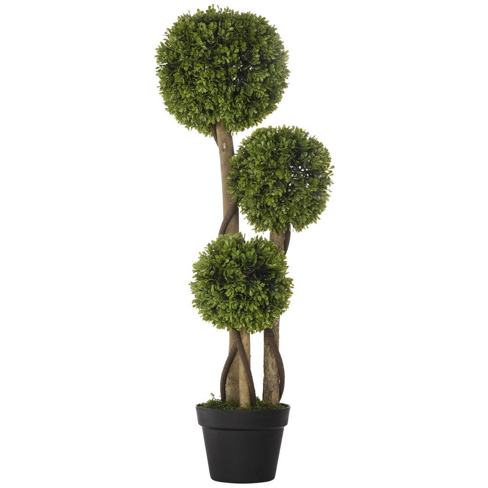 Raha Triple Ball Boxwood Tree in Black Pot | Lifelike Poly Silk 36"
