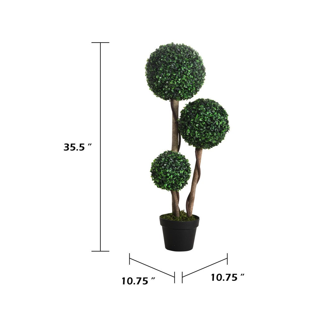 Raha Triple Ball Boxwood Tree in Black Pot | Lifelike Poly Silk 36"