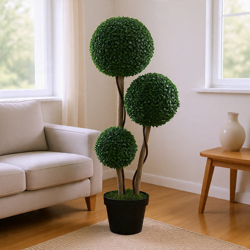 Raha Triple Ball Boxwood Tree in Black Pot | Lifelike Poly Silk 36"