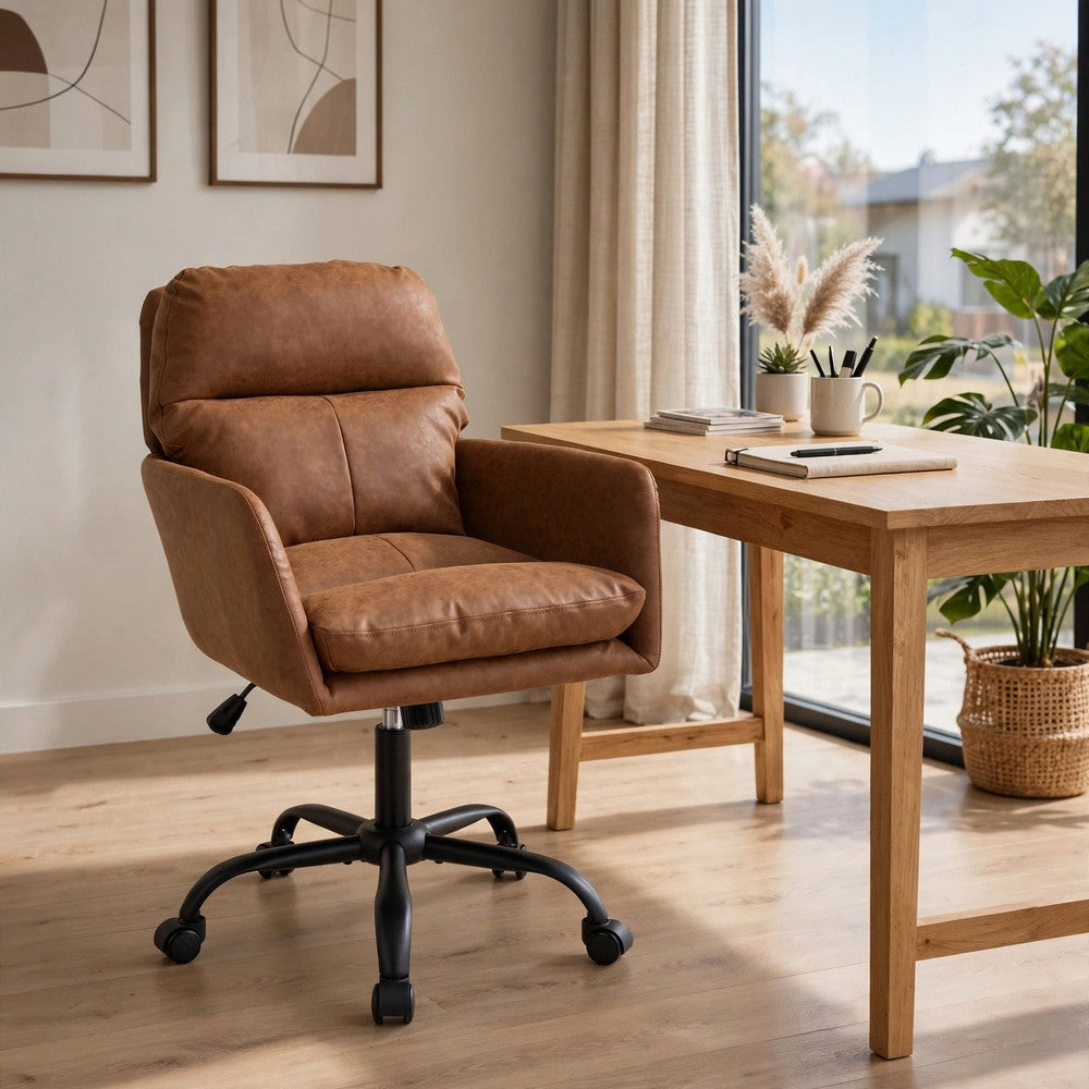 Limz Swivel Office Chair | Adjustable Height | Foam Fill Brown Faux Leather