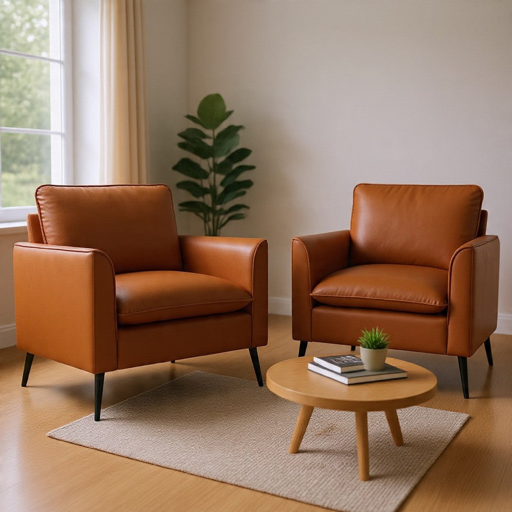 Pimi Sofa Chair Set of 2 | Brown Faux Leather | Retro Style Black Legs