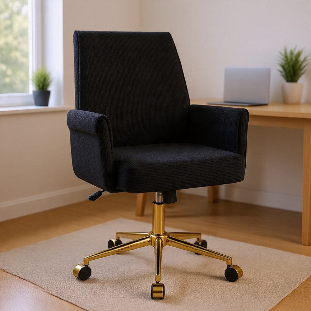 Vena Liftable Office Chair | Memory Foam Black Corduroy | Gold Metal Base