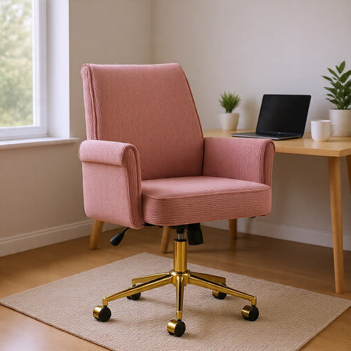 Vena Liftable Office Chair | Memory Foam Pink Corduroy | Gold Metal Base