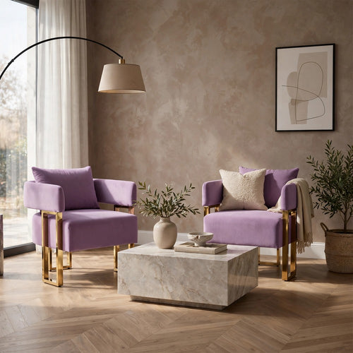 Jiya Accent Club Chair Set of 2 | Sponge Fill Lilac Purple Velvet | Gold Legs
