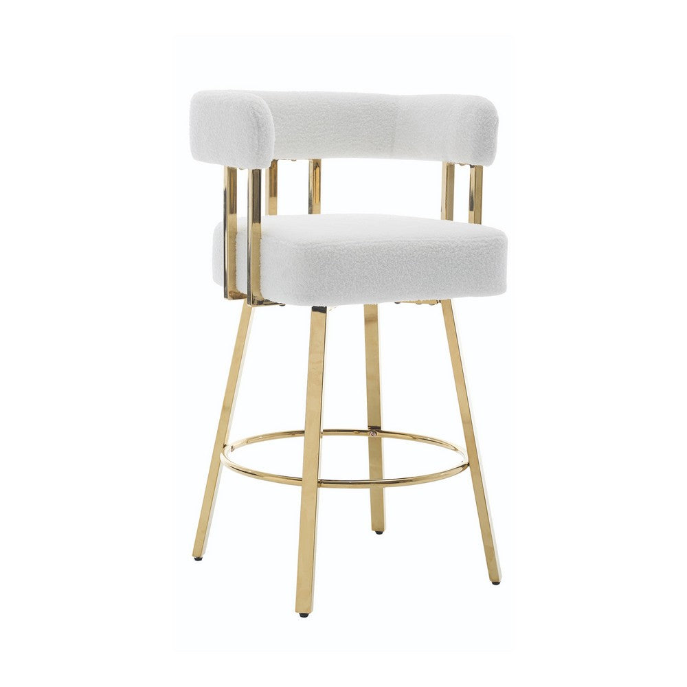 Fara Barstool Chair Set of 2 | Foam Fill White Teddy Fleece | Gold Metal