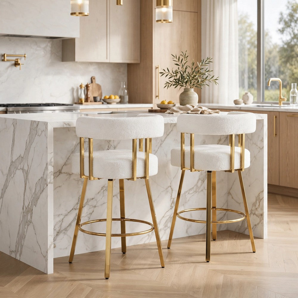 Fara Barstool Chair Set of 2 | Foam Fill White Teddy Fleece | Gold Metal