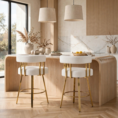 Fara Barstool Chair Set of 2 | Foam Fill White Teddy Fleece | Gold Metal